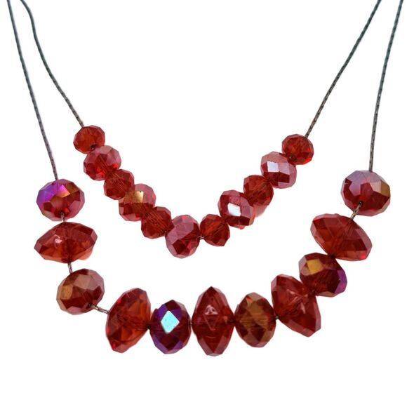 Red Crystal Layered Necklace 20" 2-Tier Beaded Silver Chain Formal - Picture 14 of 16